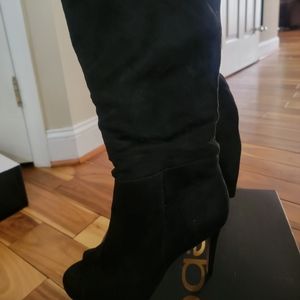 Brand new black suede BEBE peep toe knee high boots